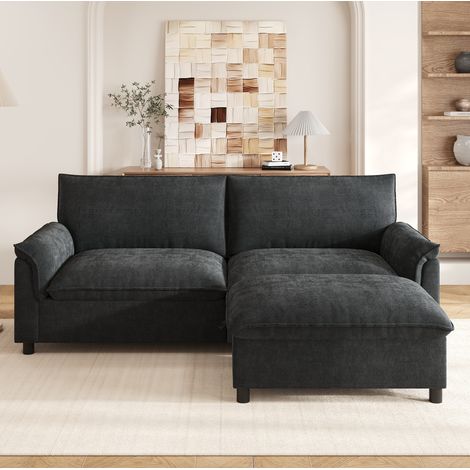 FloraGrace Cloud-Sectional canape 216 x 77 x 82 cm, chenille noire, pouf mobile avec coffre, dossier haut (1/5)
