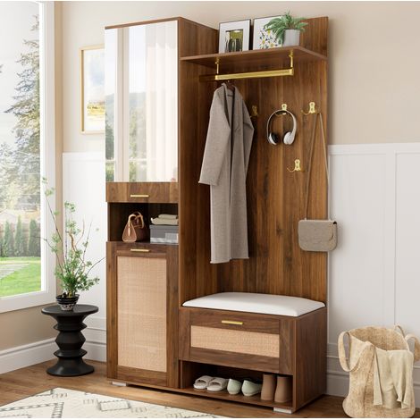 Ensemble vestiaire en MDF et panneaux de particules bois foncé, miroir, banc avec coussin blanc, LED 16 couleurs pilotées par application, 110 x 38 x 190 cm – de FLORAGRACE (1/5)