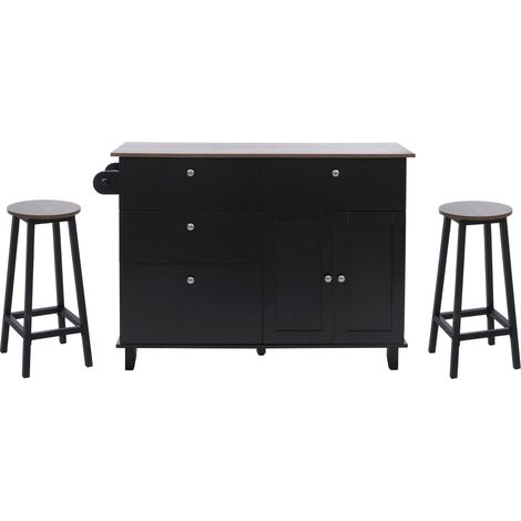 Îlot de cuisine avec 2 tabourets meuble de rangement avec 4 tiroirs et 2 portes 90x131x47 cm noir et bois clair 040008787 (1/5)