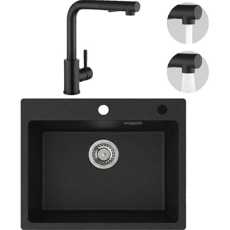 Évier de cuisine en quartz, 55 × 45 cm, simple cuve, rectangulaire, robinet extractible pivotant à 360°, drainage anti-odeur (1/5)