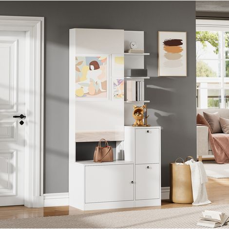 Meuble d’entrée 85x40x180 cm blanc en panneaux de particules avec miroir, range-chaussures et étagères (1/5)