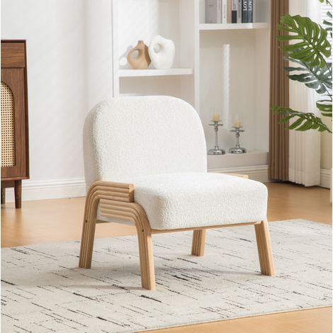 Poltrona lounge in ciniglia color avorio con gambe in legno massello, senza braccioli,72x61x78 cm (1/5)