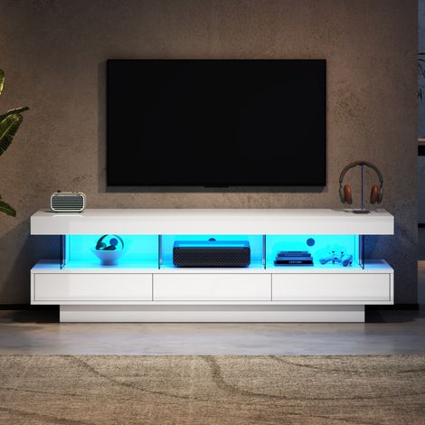 Mueble TV 160 cm blanco alto brillo, 3 compartimentos de vidrio, LED Bluetooth DESVIAE (1/5)