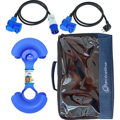 Electraline 92411 Set Campeggio IP44 con Prolunga/Adattatore 1,5M (Doppia presa Schuko+CEE, Spina CEE), Cordone 1,5M (Doppia presa, Spina Schuko), Avvolgiprolunghe con Maniglia, Box Organizer (1/5)
