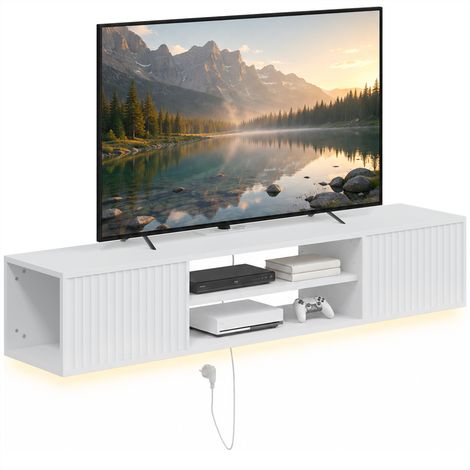 Meuble TV suspendu - HOMCOM - éclairage LED et prises, 2 portes cannelées et étagère réglable - bois - 140x29,5x26,5cm - blanc (1/5)