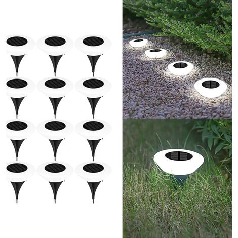 Lot de 12 lampes solaires d'extérieur (blanches) à LED 360° étanches IP65 avec interrupteur marche/arrêt, compatibles avec jardin, cour, allée et terrasse. (1/5)