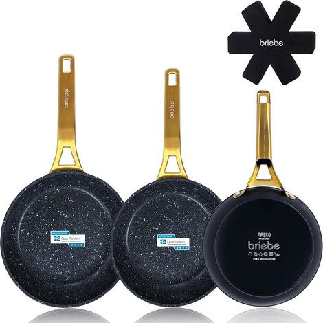 Briebe Gold Titanium Set 3 Sartenes Antiadherentes Inducción Titanio 18-20-24cm, Aluminio Forjado Antiadherente Negro