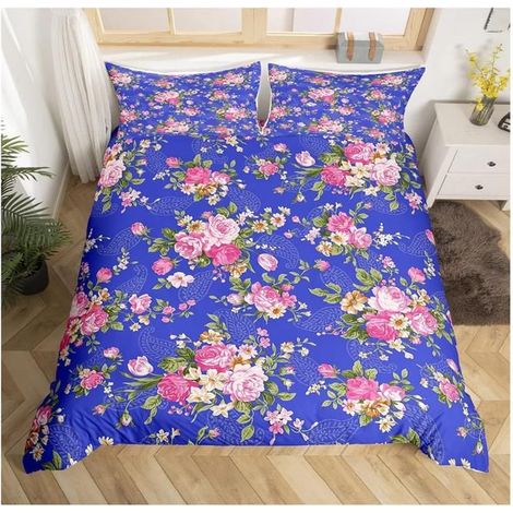 Imprimé Floral Housse de Couette Motif Fleur Rose Parure de Lit 240x260cm Bleu Boho Imprimé Ensembles de Housse de Couette - OHV (1/4)