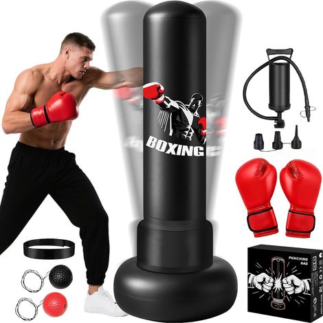 Sac de Frappe Adulte 190cm Sac de Boxe Autoportant avec Gants de Boxe, Pompe et Balle de Réflexe,Hommes,Femme (1/5)