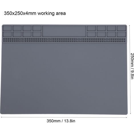 Alfombrilla de reparación de silicona resistente al calor para ordenadores, teléfonos, estaciones de soldadura y herramientas, 350x250x4 mm, gris.