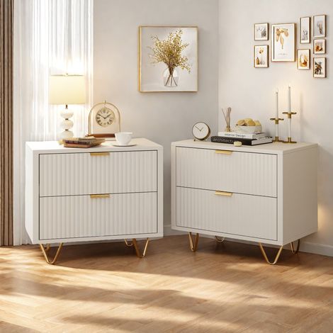 Lot de 2 tables de chevet blanc - 49x29x47 cm - 2 tiroirs - Design ondulé - Style contemporain (1/5)