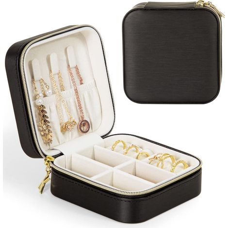 Kleine Schmuckkästchen für Damen, tragbar, PU Leder, Aufbewahrung für Ringe, Ohrringe, Halsketten, Schwarz (1/5)