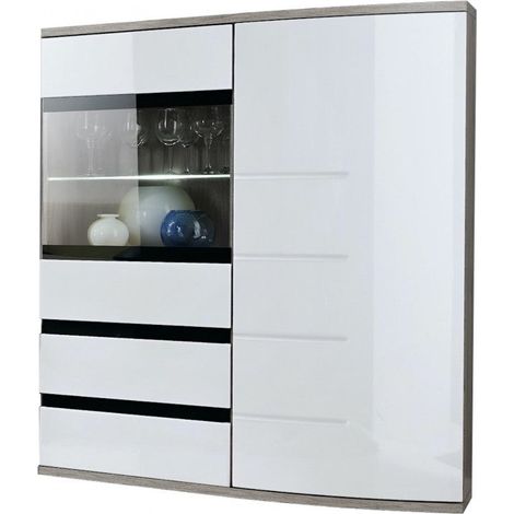 Ac-Deco – Commode vitrée Ontario I – 100 cm x 36 cm x 165 cm – Bois blanc et gris – 2 étagères – Éclairage LED (1/2)