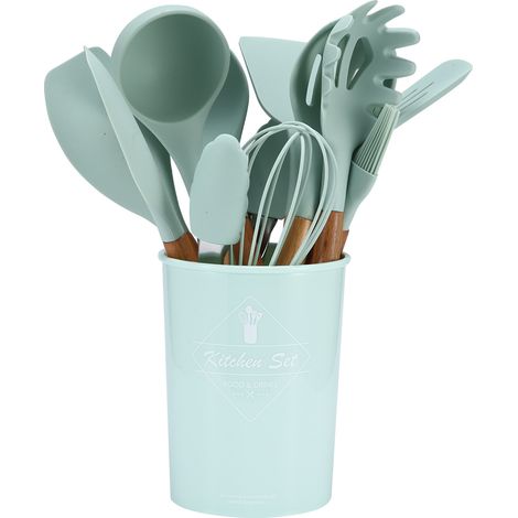 Ensemble de 12 ustensiles de cuisine antiadhésifs en silicone vert clair avec boîte de rangement (1/5)