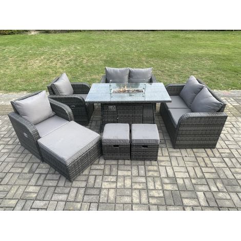 Fimous 9-Sitzer Rattan Gartenmöbel Set Propan Gas Feuergrube Tisch und Sofa Stuhl set mit 3-Hocker (1/5)