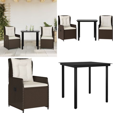 Ensemble à manger de jardin 3 pcs et coussins marron poly rotin - Chaise de jardin - Table de jardin (1/5)