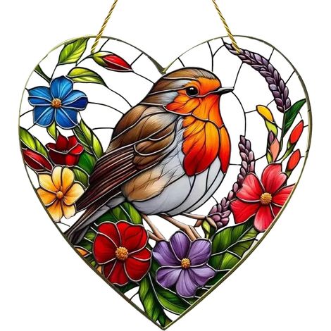 1 x Robin Acchiappasole per finestre 20 x 20 cm Vivace forma di cuore da appendere a tema uccello Ornamenti da esterno Regalo per le donne Decorazione per finestra effetto vetro colorato (1/5)