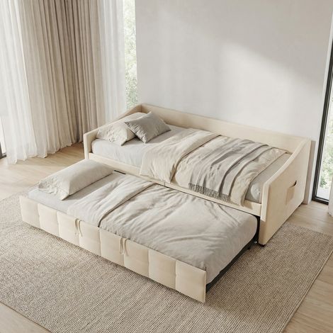 Canapé lit gigogne 90x200(x2) extensible, lit capitonné, poches latérales de rangement, sommier à lattes en bois, pour enfant, adulte, velours, style moderne scandinave, Beige