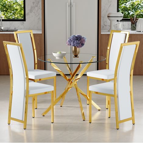 Ensemble table et chaises salle à manger 88 cm en verre trempé blanc et doré, moderne FloraGrace (1/5)