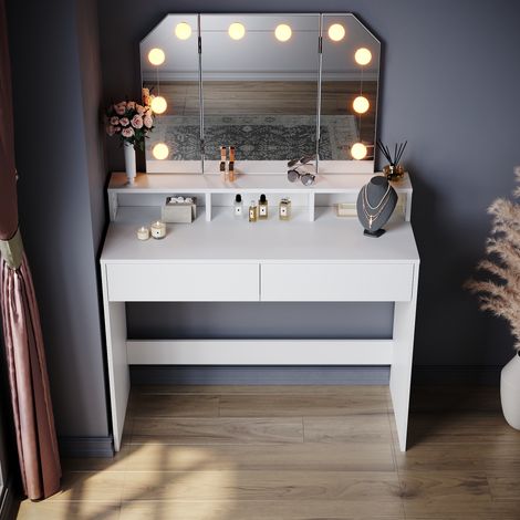 ELEGANT White Dressing Table with Foldable Mirror Makeup Desk with 2 Drawer Open Shelves (Dresser Single Table + 3color LED light) (1/5)