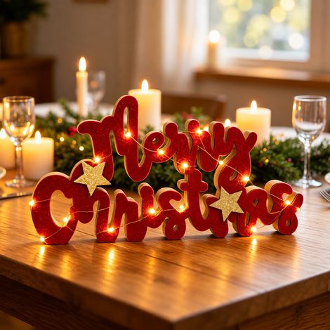 Scritta luminosa decorativa Merry Christmas 20 Microled Bianco Caldo in legno di colore rosso e dorato a batteria Wisdom (1/3)