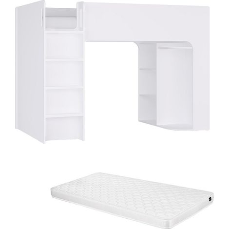 Lit mezzanine 90 x 190 cm avec rangements - Blanc - Avec matelas - COLUMI