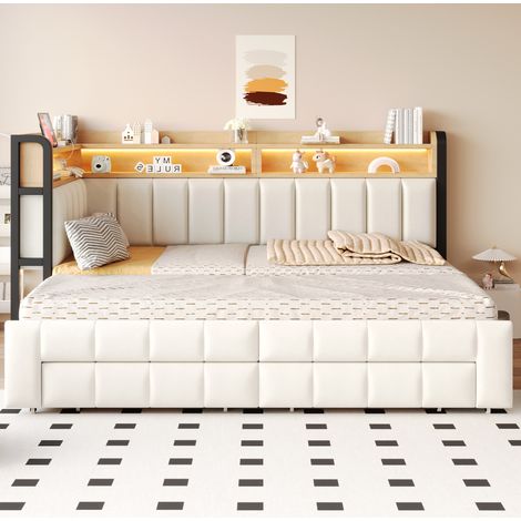 Lit banquette capitonné 90/180 x 200 cm avec rangement, LED, USB-C, velours beige (1/5)