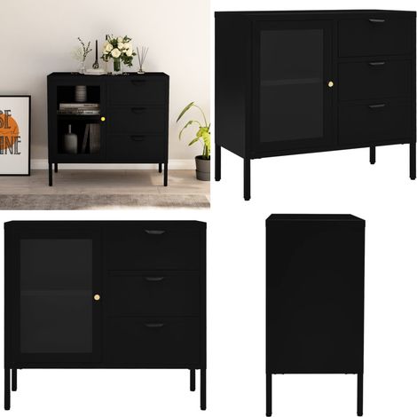 Aparador de acero y vidrio templado negro 75x35x70 cm - Aparador de vidrio templado - Aparador negro