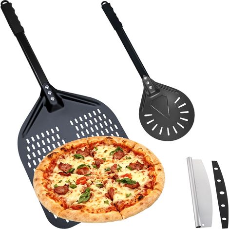 Pelle à Pizza Perforée en Aluminium, 12 Pouces et 7 Pouces Spatule Pizza, Poignées et Amovibles, Antiadhésif, Pizza Accessoire mit Couteau à Pizza pour Retourner et Transporter Les Pizzas (1/5)