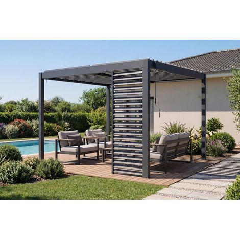 Pergola bioclimatique autoportée 3x2,5m PIANA aluminium gris avec 1 persienne brise-vue