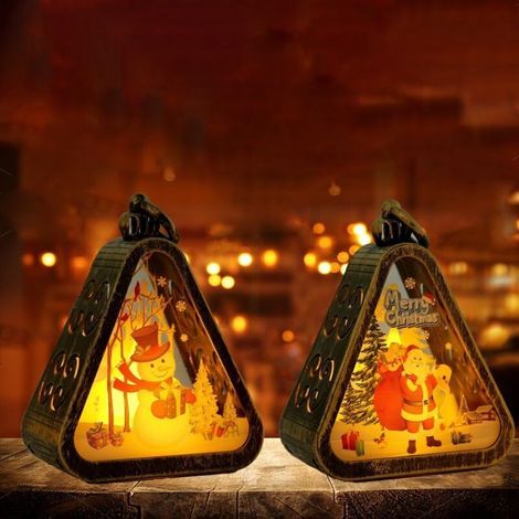 Christmas Lantern, 2 Decorative Christmas Lanterns, Flameless Christmas Candles, Vintage Christmas Lanterns with LED Lights for Gifts and Christmas Decorations (Brown Triangle) (1/5)