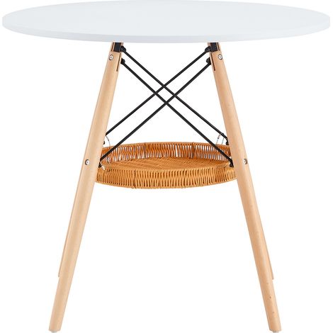 Table à manger ronde Ø 80 cm, plateau en MDF blanc, pieds en bois massif, associée à une structure de panier de rangement tressé suspendu, adaptée pour 2 à 4 personnes. (1/5)
