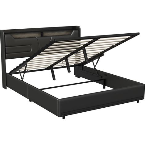 Letto contenitore 140x190, Letto adulti, Letto capitonné, Letto 140, Letto moderno in PU Nero con Illuminazione LED Controllabile, Presa Integrata e Ripiani di