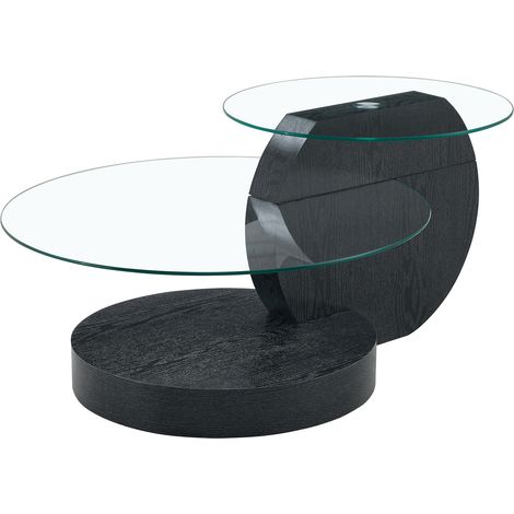 Table basse en verre sécurit à double plateau avec structure MDF effet bois noir, design moderne (1/5)