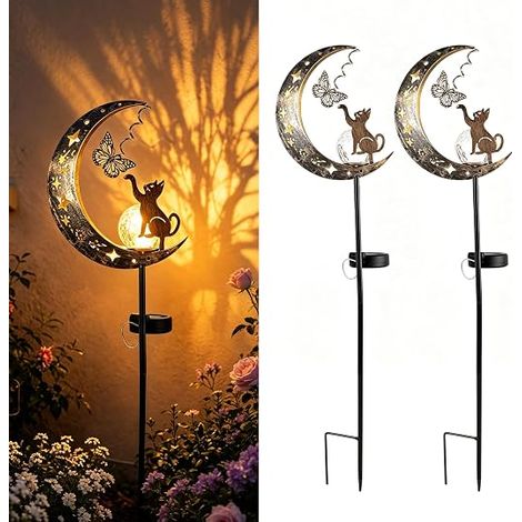 Outdoor Garden Solar Lights, Metal Cat on Moon Decoration with LED Warm Light, Solar Lamp with Stake for Terrace, Balcony, Lawn and Patio (1/5)