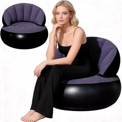 Sofá hinchable 2 en 1 con superficie flocada y cojín de aire, impermeable, portátil con bomba de aire, color azul oscuro. (1/4)