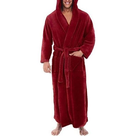 Peignoir lounge homme à manches longues, doux avec capuche, rouge, taille L, confortable et chaud pour la détente à la maison, tenue de bain moelleuse (1/3)