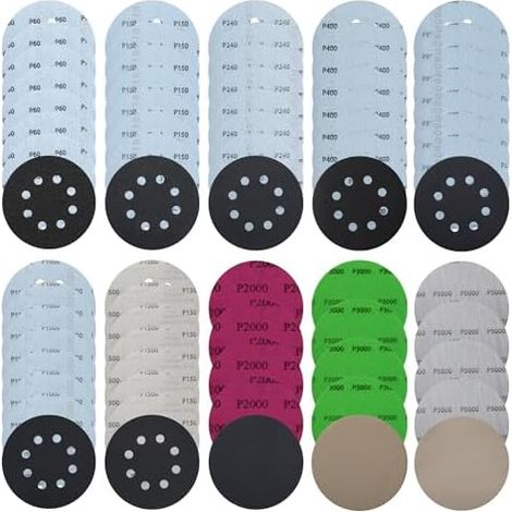 71 Pièces Papier à Poncer de Papier Abrasif pour 125mm, Disque Poncage,Tapis de Sable Sec et Humide, 60/150 / 240/400 / 800/1000 / 1500/2000 / 3000/5000, 8 trous et aucun trou (1/5)
