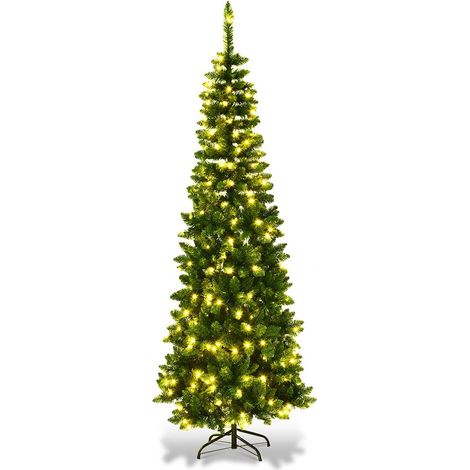 GOPLUS Sapin de Noël Artificiel Lumineux 195CM,708 Branches Touffues,250 LED Aiguilles en PVC,Socle en Fer,Ouverture Parapluie (1/5)