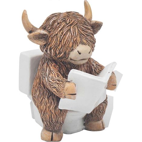 Figurine humoristique en résine pour salle de bain Adorable vache des Highlands assise sur les toilettes Décoration d'étagère amusante pour maison de campagne, rustique ou rustique (1/2)