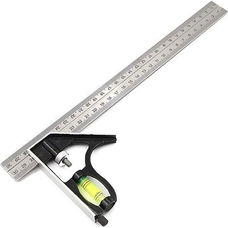Équerre combinée en acier inoxydable de 300 mm Équerre combinée avec niveau et outil de marquage Charpentier en métal réglable Mesure Marquage et dessin (1/5)