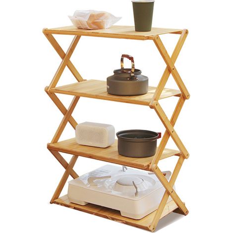 Étagère pliable en bambou, solide et portable, capacité de charge élevée, 4 niveaux, pour pique-nique en extérieur. (1/5)