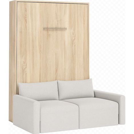 Lit escamotable vertical avec canapé tissu VALENCIA Beige Sans matelas-80x180-Canapé Beige-Structure Chêne clair (1/5)