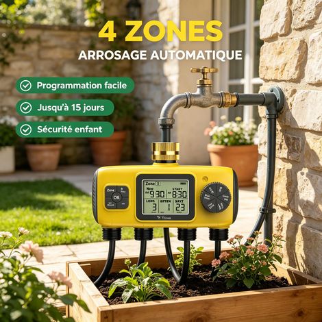 Programmateur d'arrosage automatique 4 zones indépendantes Écran LCD, commande manuelle, idéal pour l'irrigation du jardin (1/5)