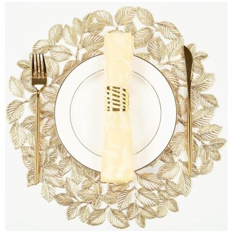 LAN Lot de 6 sets de table ronds avec motif feuilles dorées - Antidérapants et faciles à nettoyer - Idéaux pour les dîners, les fêtes et les mariages. (1/5)