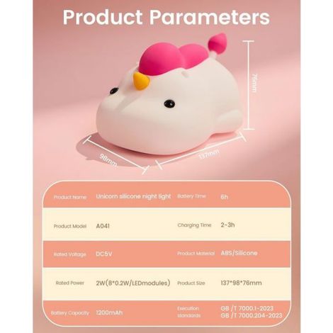 Veilleuse Licorne pour Enfants Lampe en Silicone Doux avec Contrôle par Tap, Minuterie 30 min, LED Rechargeable Portable (1/4)