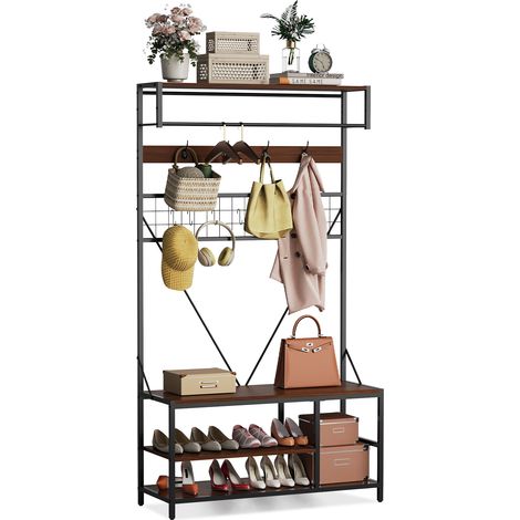 Portant à vêtements 5-en-1 avec banc, rangement chaussures, étagère ajustable, tringle et 9 crochets – Meuble vestiaire pratique pour entrée, chambre ou couloir – Coloris ivory whiteboard (1/5)