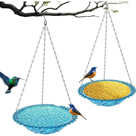 Lot de 2 bains d'oiseaux suspendus pour l'extérieur – Mangeoire et point d'eau multifonctionnels – Vasque en plastique avec chaîne et crochet2424cm (1/4)