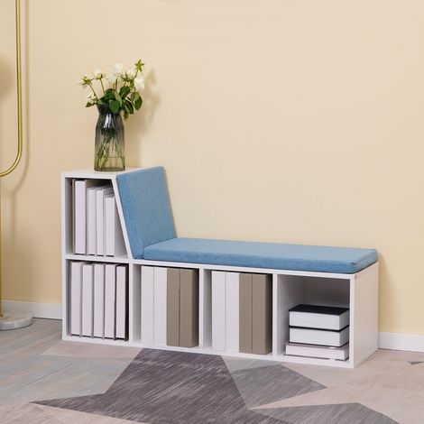 Bibliothèque banc 2 en 1 avec 5 compartiments de rangement et 2 coussins 108 x 30 x 60 cm blanc bleu