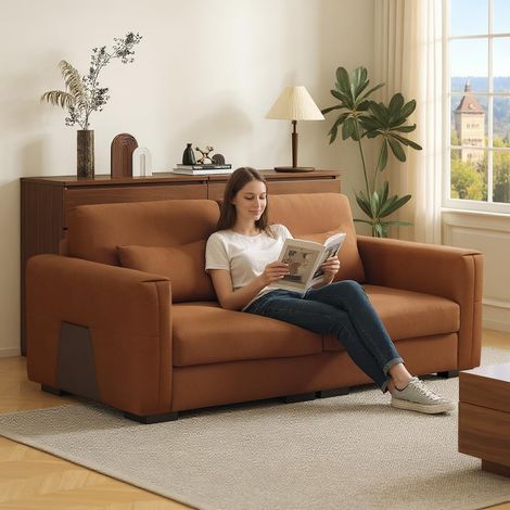 Modernes 2-Sitzer-Sofa aus Kunstleder, orange-braun, mit breiten Armlehnen (1/5)